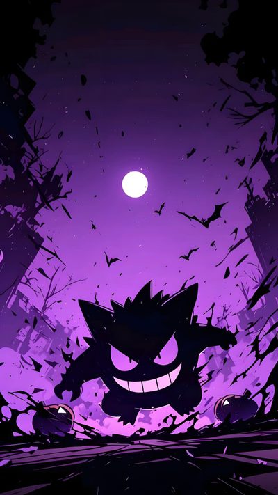 an image of a cartoon character in the dark with bats flying over him and on his head Gengar Halloween Pikachu, Hunter Pokemon, Pokemon Sleeves, Pokemon Backgrounds, Pokemon Sketch, midnight blue