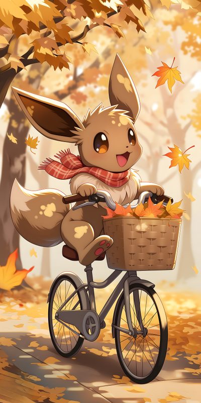 a cartoon bunny riding a bike in the fall leaves with a basket full of autumn leaves Cute Eevee Halloween Eevee Cute, Cute Pokemon, Pokemon Birthday, My Pokemon, Pokemon Fan, Live, peru