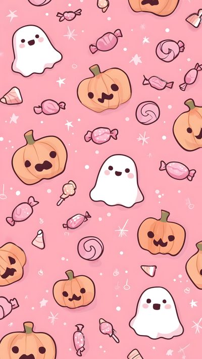 a pink background with lots of halloween pumpkins and ghost faces Halloween Iphone Pink Pink Halloween Ipad, Halloween Iphone Pink, Cute Pink Halloween Iphone,