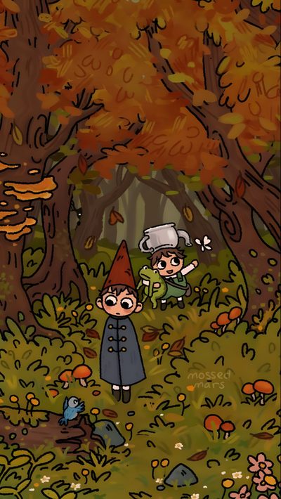 an illustration of two children in the woods with trees and leaves around them, one is wearing a hat Halloween Over The Garden Wall Over The Garden Wall, Arte Sketchbook, Arte Inspo, Cool Art, saddle brown