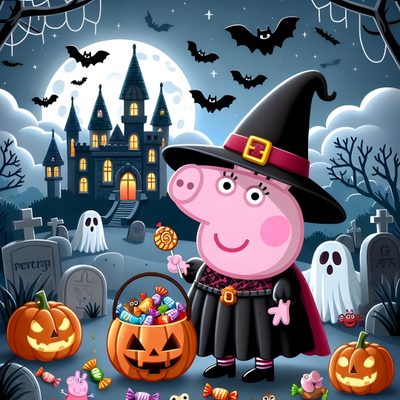 a pig dressed up as a witch with pumpkins Peppa Pig Halloween Halloween, Peppa Halloween Png, Peppa Pig Halloween Background, Peppa Pig, dim gray