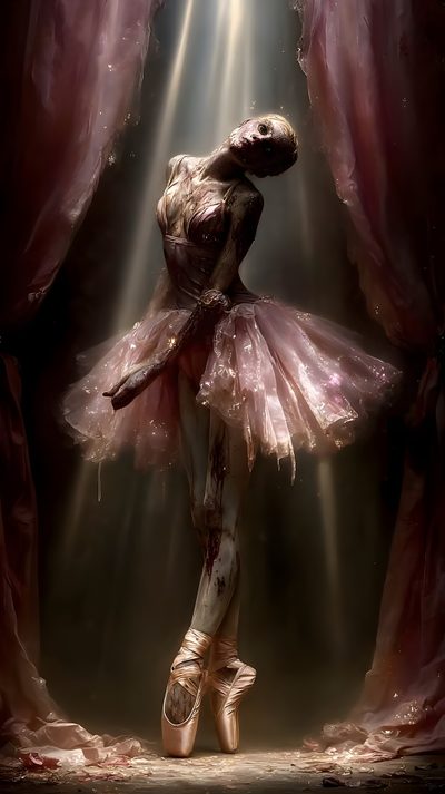 a ballerina is standing in front of a curtain with light coming from behind her Halloween Ballerina Dark Ballerina, Creepy Ballerina, Zombie Ballerina, Zombie Cheerleader, black
