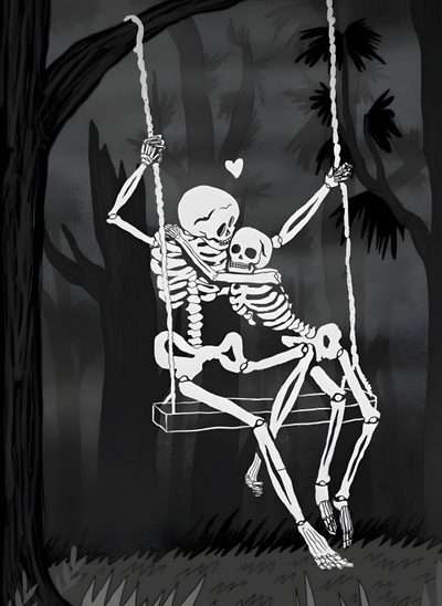 a skeleton sitting on a swing in the woods Halloween Skeletons Skeleton On A Swing, Skeletons Love Aesthetic, Two Skeletons On A Swing, dark slate gray