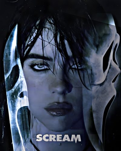 a movie poster with a woman holding a knife in front of her face and the words scream on it Billie Eilish Halloween Scream 7 Cover, Black N White, Halloween Poster, Ghost Face Posters, dark slate gray