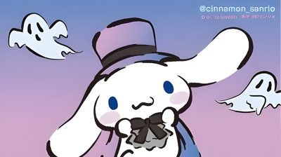 a cartoon rabbit with a hat and scarf on it's head, standing in front of two white birds Cinnamoroll Halloween Laptop Cinnamoroll Ghost Face, Cinnamoroll Halloween Pfp, Cinnamoroll Ghost, silver