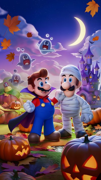 mario and luigi in front of halloween pumpkins Halloween Mario Halloween Mario, Mario Halloween Background, Super Mario Halloween Background, dim gray