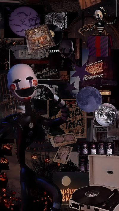 a room with halloween decorations and various items on the wall, including an old record player Halloween Fnaf Marionette Fnaf, Punk, Halloween Iphone Backgrounds, Trippy Iphone, Future, Fnaf, black