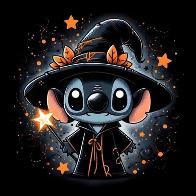 a cartoon character wearing a witches hat and holding a wand with stars in the background Stitch Halloween Theme Lilo I Stich, Stitch Tattoo, Image Halloween, Lilo And Stitch Quotes, black
