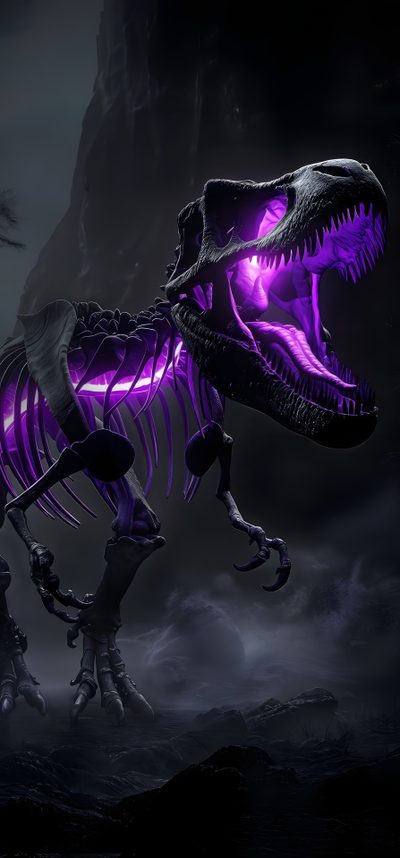 a dinosaur skeleton with purple lighting on it's face in the dark night sky Halloween Dinosaur Hd Halloween Dinosaur Hd, Ultra Dinosaur 4k, 4k Dinosaurios, black