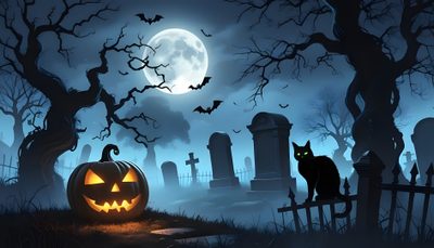 a black cat sitting on top of a wooden bench in front of a cemetery at night Halloween 169 Halloween Landscape, Black Cat Autumn Background, Halloween Scary Backgrounds, dark slate gray