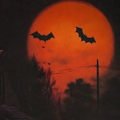 two bats flying in front of a full moon with trees and houses behind them at night Halloween Pfp Halloween Albums, Halloween Playlist Cover Aesthetic, Halloween Aesthetic Horror, black