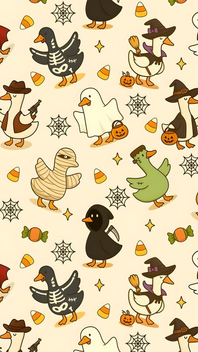 many different birds and pumpkins on a white background Halloween Goose Halloween Iphone Backgrounds, Halloween Backgrounds, Duck, Halloween Cute, papaya whip