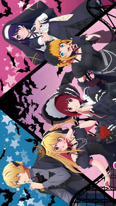 the anime characters are standing together in front of an abstract background with stars and bats Oshi No Ko Halloween Oshi No Ko Poster, Oshi No Ko Anime Cover, Oshi No Ko, Oshinoko Pc, dark slate gray