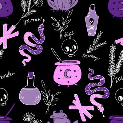 a purple and black background with various items on it Halloween Spooky Cauldron Snakes Potions Halloween Spell Pattern Design, Purple Halloween Wall Pattern, Purple Witchcraft Pattern, black