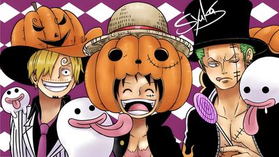 three anime characters with pumpkins on their heads One Piece Halloween 4k One Piece Halloween Png, One Piece Halloween, Disney Characters, One Piece, indian red