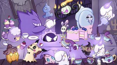 a bunch of cartoon characters gathered around a table with cakes and cupcakes on it Pokemon Halloween Computer Pc Desktop, Pokemon Halloween, Ghost Pokemon, Pokemon Ghost House, light slate gray