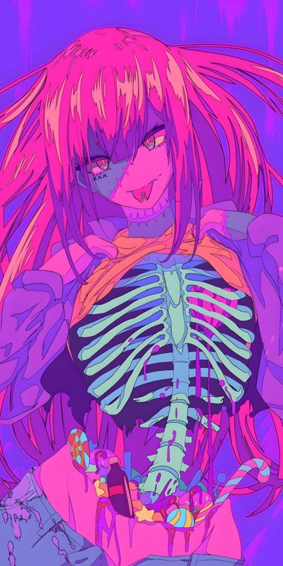 a woman with pink hair and skeleton like body in front of her chest, holding an object Vaporwave Halloween Japon Illustration, Illustration Japonaise, Ilustración Retro, dark orchid