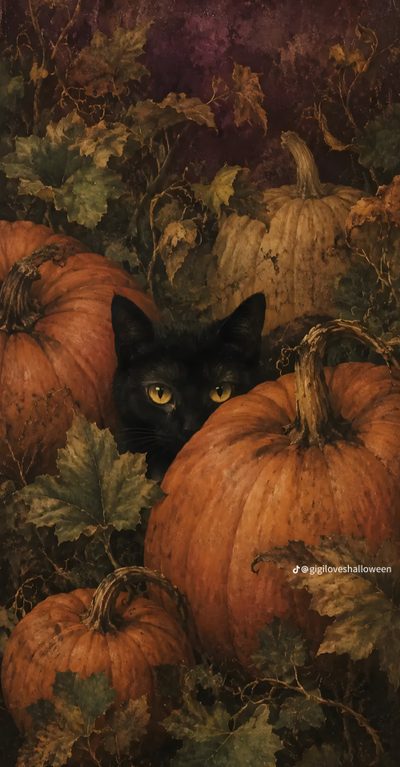 a black cat peeking out from between two pumpkins Vintage Halloween Cat Cozy Fall, Fall, Autumn, Black Cat, Dark Cottagecore, Witchy, dark olive green