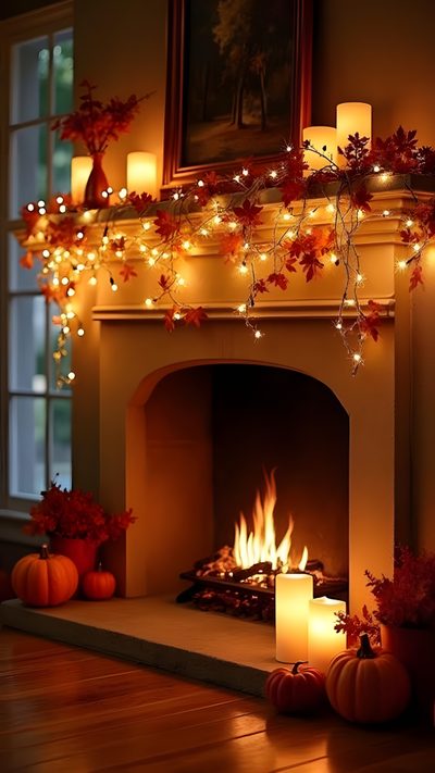 a fireplace with candles and pumpkins around it Halloween Fireplace Cozy Autumn Fireplace Ideas, Fall Aesthetic Fireplace, Autumn Fireplace Background, maroon
