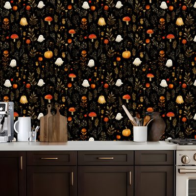 a kitchen with a wallpaper that has mushrooms on it and leaves in the background Halloween Kitchen Seamless, Renter Friendly, Ghost Pumpkin, Contact Paper, Halloween Paper, Accent, black