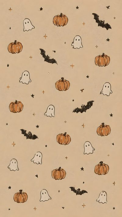halloween pumpkins and ghost faces on a beige background Halloween Vertical Ios Screen Saver, Recommended, Ipad Aesthetic Halloween, Cute Ghost, tan