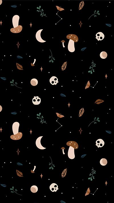 a black background with skulls, mushrooms and stars in the night sky for wallpaper Halloween Space Backgrounds Home Screen, Cute Spooky Themed, Dark Spooky Aesthetic, black