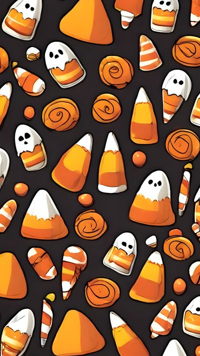 an orange and white halloween pattern with candy cornucons, ghost faces, and other candies Candy Corn Halloween Fall Doodle Black Autumn Candy Pattern, Aesthetic Candy Corn, Candy Corn Black Background, dark slate gray