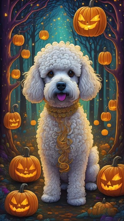 a painting of a dog with pumpkins in the background Halloween Poodle Halloween Dog Hd, Halloween Dogs, Halloween Dog, Cute Dog Halloween, dark olive green