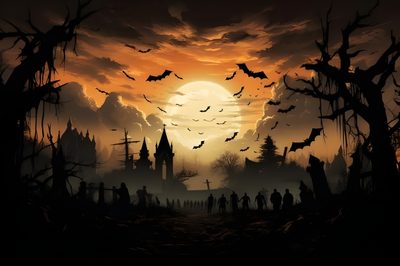an image of halloween scene with bats flying in the sky and people walking through the woods Halloween Landscape Format Fantasy Halloween Background, Halloween Landscape Images, Halloween Landscape Background, black
