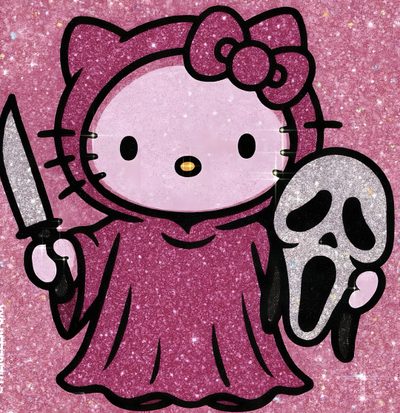 a hello kitty with a skull and a knife in her hand, standing next to a pink glitter background Pink Baddie Halloween Pink Ghostface Aesthetic, Hello Kitty Ghostface, Kawaii Ghostface, indian red
