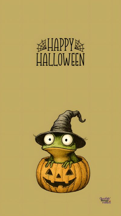 a halloween card with a frog in a witch's hat on top of a pumpkin Frog Halloween Halloween Turtle Background, Funny Halloween Backgrounds, Silly Halloween, dark khaki