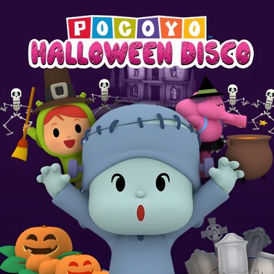 a cartoon character is holding his hands up in the air with other characters around him Pocoyo Halloween Halloween, dark olive green