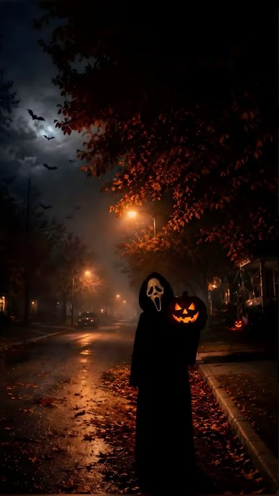 a person wearing a mask and holding a jack - o'- lantern in the dark Halloween Movie Themed Vintage Halloween Iphone, Ghost Aesthetic, Halloween Backgrounds Aesthetic, black