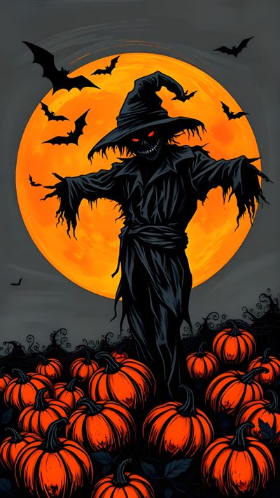 a painting of a scarecrow standing in front of a full moon and pumpkins Halloween Scarecrow Halloween Scarecrow Pictures, Halloween Scarecrow Drawing, Scarecrow, dark olive green