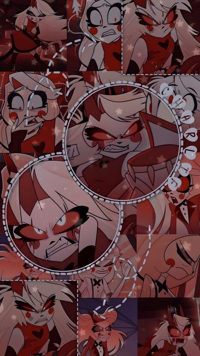 an image of cartoon character collages in red and pink tones with stars around them Happy Halloween Charlie Nyctophile Aesthetic, Cute Charlie Hazbin Hotel, Charlie Morningstar Aesthetic, dark olive green