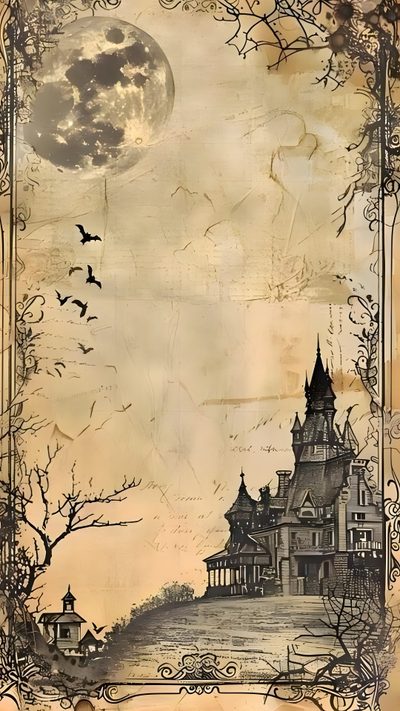 a drawing of a castle with bats flying over it and the moon in the sky Old School Halloween Ancient Scroll Paper Background, Writing Paper Vintage, Printable Gothic Background, tan