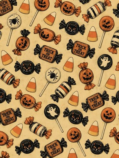 an image of halloween treats on a white background Halloween Fabric Candy Halloween Design Halloween Cute, Phone Patterns, Halloween, burlywood