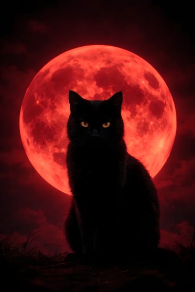 a black cat sitting in front of a red full moon Aesthetic Halloween Black Cat Gothic Cats, Black Cat Photo, Fierce Black Cat, Halloween Black Cat Art,