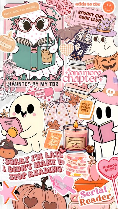 a bunch of stickers that are on top of each other in the shape of a book Pink Halloween Collage Custom Kindle Case, Kindle Book Cover, Cute Home Screens, Cute Home Screen,