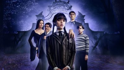a group of people standing next to each other in front of a blue background with an image of the addams Halloween Addams Family Wednesday Scene Pack, Wednesday Season 2 Hd, Wednesday Laptop, midnight blue
