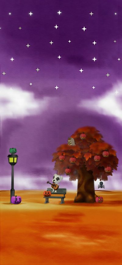 a painting of a person sitting on a bench under a tree with stars in the sky Acnh Halloween Acnh Spooky, Animal Crossing Background Iphone, Acnh Halloween, November Backgrounds, dim gray