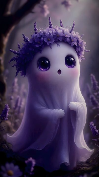 a white ghost with purple flowers on her head standing in the middle of a forest Halloween Smiles Lavender Spooky Ghosts, Cute Halloween Pictures, Cute Pics For Dp, dark slate gray