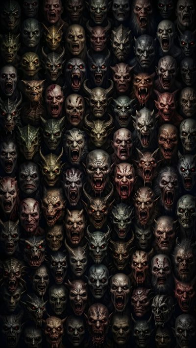 an image of many demonic faces with fangs on their face and mouths, all in different colors Halloween Monsters Monsters, Demon Symbols, Archangel Oracle Cards, Monster Wall, Skyrim Art, black