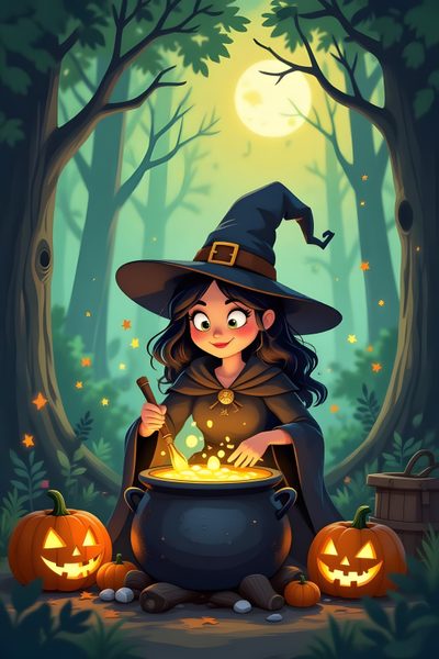 a girl dressed as a witch with a caulder full of gold Halloween Witch Cauldron Spooky Witch Halloween, Spooky Brew, Spooky Witch, Witchy Brew, dark slate gray