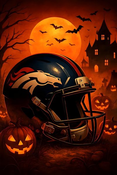 a football helmet sitting on top of a field with bats and pumpkins in the background Denver Broncos Halloween Denver Broncos, Denver Broncos Halloween, black