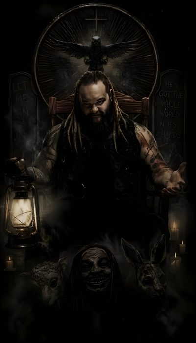 a man sitting on top of a chair in front of a lantern and two creepy faces Wwe Halloween Wwe Bray Wyatt, Bray Wyatt, Pro Wrestling, Wwe, Wrestling, black
