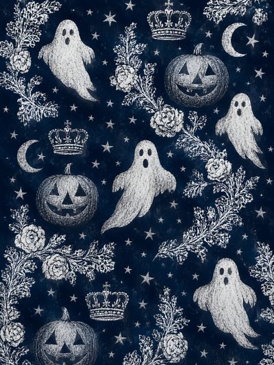 a black and white drawing of halloween pumpkins, ghost faces and stars on a blue background Hand Drawn Halloween Constellation Navy Halloween Patterns, Dream House Decor, Iphone, midnight blue