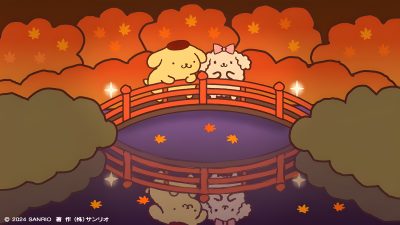 two sheep are standing on a bridge in the fall season, with trees and leaves behind them Pom Pom Purin Halloween Pompompurin Autumn, Hello Kitty And Friends Purin, Pompompurin Thanksgiving, saddle brown