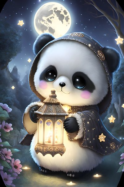 a panda bear holding a lantern in its paws Cute Halloween Panda Cute Panda On Pink Moon, Cute Halloween Panda, Halloween Panda, Panda Moon, dim gray
