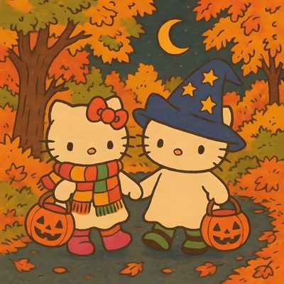 an image of hello kitty halloween scene with pumpkins Halloween Hello Kitty Fall Hello Kitty Halloween, Fall Mood Board, Halloween Iphone, Fall Inspo, sienna